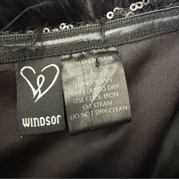 Windsor Black Sequins Strapless Corset Mini Dress with Feather Neckline Size L - Picture 8 of 9